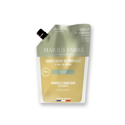 Marius Fabre Liquid Marseille Soap With Copra Oil - 1 Litre Eco Refill Pouch - Bitter Almond - Bien Etre (Pack of 6)