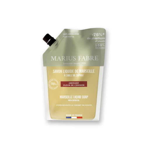 Marius Fabre Liquid Marseille Soap With Copra Oil - 1 Litre Eco Refill Pouch - Pomegranate & Cherry Blossom - Bien Etre (Pack of 6)