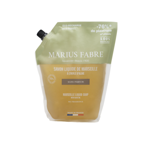 Marius Fabre Liquid Marseille Soap With Olive Oil - 1 Litre Eco Refill Pouch - No Fragrance - Bien Etre (Pack of 6)