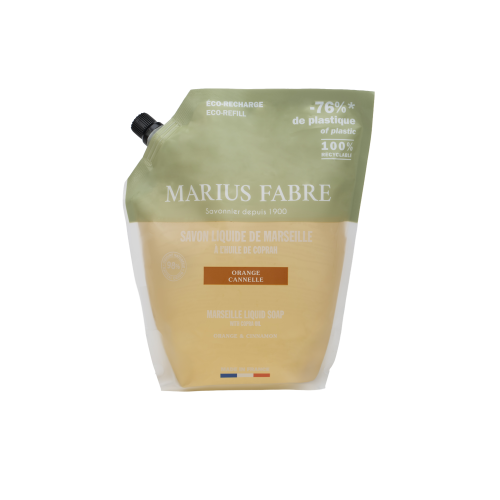 Marius Fabre Liquid Marseille Soap With Copra Oil - 1 Litre Eco Refill Pouch - Orange Peel & Cinnamon - Bien Etre (Pack of 6)