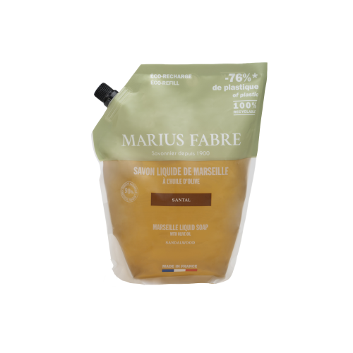 Marius Fabre Liquid Marseille Soap With Olive Oil - 1 Litre Eco Refill Pouch - Sandalwood - Bien Etre (Pack of 6)